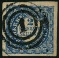 AFA 2b 1852. 2 Rigsbankskilling, Thiele, Plade I, Position 26, Type 6. Annulleret med nummerstempel 1 KØBENHAVN. Attester Scend Grønlund 1967 og Lasse Nielsen 2004.
