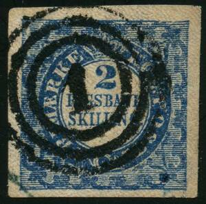 AFA 2b 1852. 2 Rigsbankskilling, Thiele, Plade I, Position 26, Type 6. Annulleret med nummerstempel 1 KØBENHAVN. Attester Scend Grønlund 1967 og Lasse Nielsen 2004.
