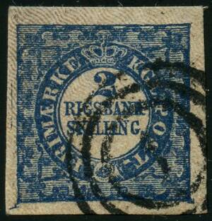 AFA 2b 1852. 2 Rigsbankskilling, Thiele, Plade I, Position 64, Type 4. Annulleret med nummerstempel 1 KØBENHAVN. Attest Lasse Nielsen 2006.