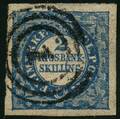 AFA 2b 1852. 2 Rigsbankskilling, Thiele, Plade I, Position 53, Type 1. Annulleret med nummerstempel 1 KØBENHAVN. Attester Slavomir Kaiser 1984 og Erik Paaskesen 1985.