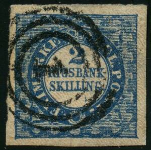 AFA 2b 1852. 2 Rigsbankskilling, Thiele, Plade I, Position 53, Type 1. Annulleret med nummerstempel 1 KØBENHAVN. Attester Slavomir Kaiser 1984 og Erik Paaskesen 1985.