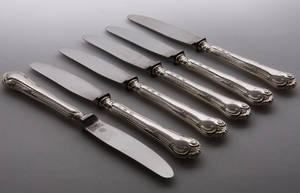 `Herregård´ frokostknive med skafter af sølv, Carl M. Cohr 6