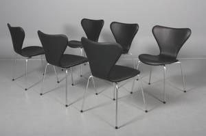 Arne Jacobsen 1901-1971 Sæt på seks stole model 3107, sort læder