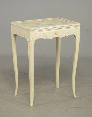 Nordiska Kompagniet. Flisebord m. 6 fliser, hvidmalet stel