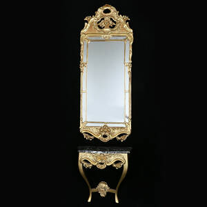 SPEGEL med KONSOLBORD, trä och stenskiva, 1900-tal.