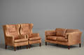 Sofa og par øreklapstole med brunt bøffellæder 3