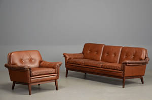 Tre-pers. sofa samt lænestol, brunt læder, 1970erne 2
