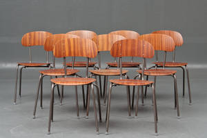 Ni skolestole, metal og teak, 195060erne  9
