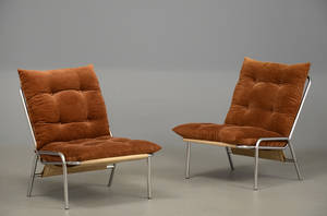 Par lænestole med forkromede stel, hynder med brunt betræk, 1970erne 2