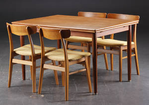 Spisebord med hollandsk udtræk samt fire spisestole, teak. Dansk møbelproducent 5