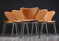 Arne Jacobsen. Seks stole Syveren, model 3107, nybetrukket med cognacfarvet læder 6 