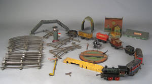 German lokomotiv med vogne, skinne, huse, mv 