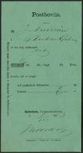 1873. Postbeviis for 1 værdibrev 20 Rdl. Betalt kontant 2 Sk.
