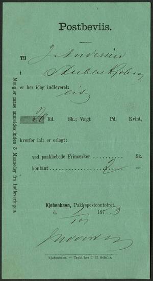 1873. Postbeviis for 1 værdibrev 20 Rdl. Betalt kontant 2 Sk.