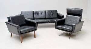 Tre-pers. sofa med par tilhørende hvilestole i sort læder3