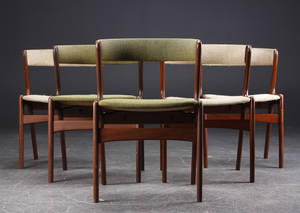 Fem spisestole af teak og uld, 1950erne, dansk møbelproducent 5