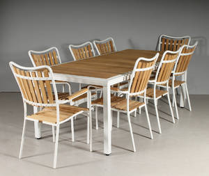 Daneline Havemøbler. Havebord samt otte armstole, teaktræ. 9 