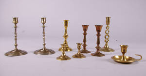 Parti ljusstakar, mässing, 9 st, 1900-tal