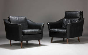 Høj- samt lavryggede lænestole, sort skind, dansk møbelproducent 2