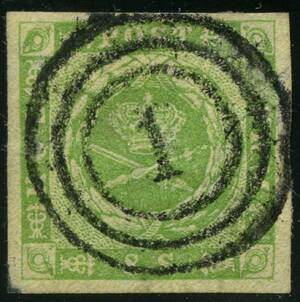 AFA 6 1854. 8 Skilling, grøn. Annulleret med nummerstempel 1 KØBENHAVN.