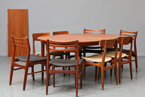 Danske møbelproducenter Rundt bord med to tillægsplader samt 2 x fire stole, teak, 1960erne 11