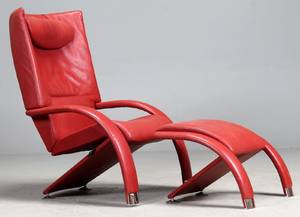 Lænestol samt tilhørende skammel, rødt læder 2