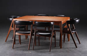 Vejle Møbelfabrik m.fl. Spisebord, teak, samt seks stole, teak og skai. 7