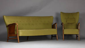Tre-pers. sofa samt lænestol, grønt møbelstof, dansk møbelproducent 2