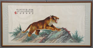 Kinesisk silkebroderi, motiv med tiger, 1900-tallet