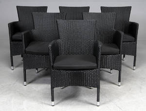 Havemøbler. Seks stabelbare havestole, sort polyrattan, aluminium stel. 6  