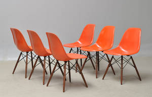 Charles Eames. Sæt på seks skalstole, model DSW - Orange 6 