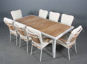 Daneline Havemøbler. Havebord samt otte armstole, teak 19 