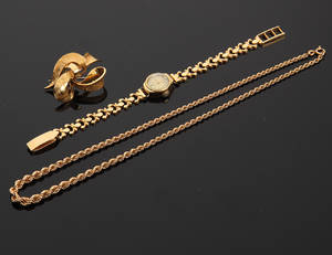 Halskæde, broche og armbåndsur af guld. 3