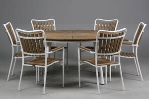 Daneline Havemøbler. Rundt havebord samt seks armstole, artwood