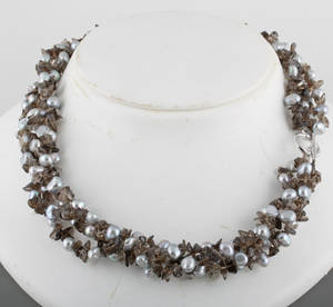 4 strand smokey quartz rock shape  pearl necklace