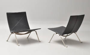 Poul Kjærholm. Par PK-22 hvilestole med sort Classic læder, Red label 2008 2