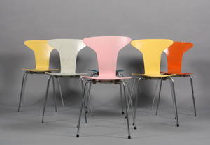 Arne Jacobsen. Sæt på seks stole model 3105. 6 
