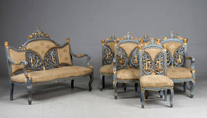 Sofa samt stole, stel af bemalet og guldstafferet træ, 19002000-tallet 7