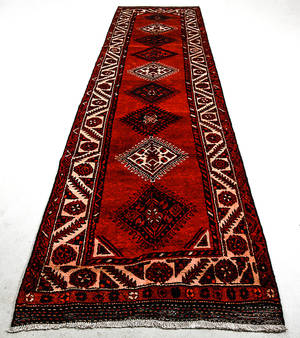 Handknuten persisk gallerimatta, Shiraz 530x115 cm.