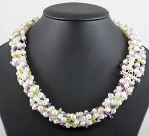 5 strand  amethyst,peridot,quartz,aquamarine  fresh water pearl necklace