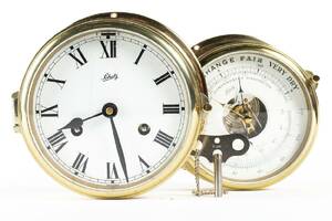 SKEPPSUR, 2 st. Barometer samt klocka i mässing, 1900 - tal