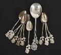 Kaffeskedar 9st samt serveringssked, silver, 1900-tal