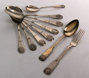 J. Sørensen Strand og Musling ti bestikdele af sølv 10