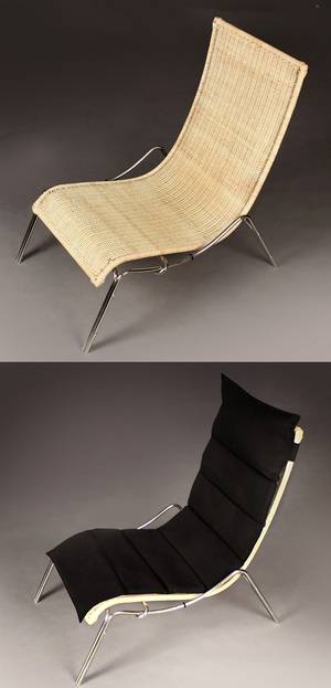 Knud Vinther. Lænestol Flexliner.dk 1 af rustfrit stål og naturfarvet rattan 