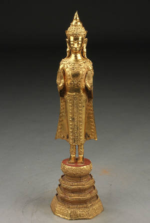 Stående thailandsk buddha af forgyldt bronze