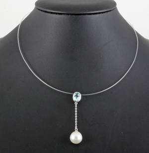 Cultured fresh water pearl aquamarine pendant