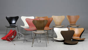 Arne Jacobsen. Ni stole, model 3107 samt syv skaller, model 3107 16