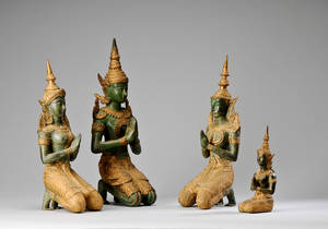 Fire siddende buddhaer af patineret bronze, Thailand 20. årh. 4