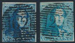 Belgien. 1849. 20 c. blå og lysblå. 2 fine eksemplarer