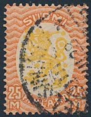 1927. Løve. 25 Mk. rødgul. Vm.Hagekors. Brugsstemplet i 1928. Facit 2700